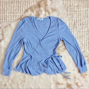 Super soft cotton modal ribbed empire waist wrap tie top in blue heather